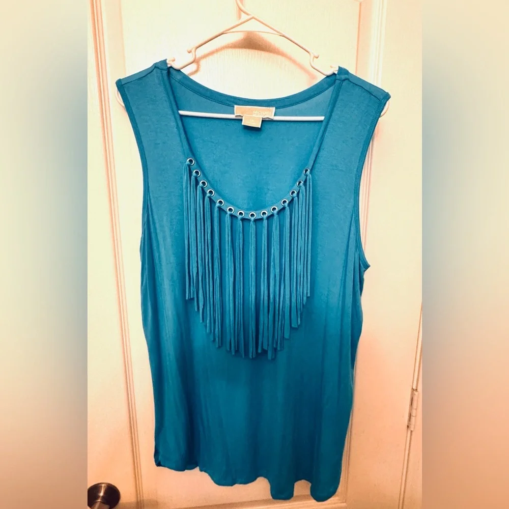 Michael Kors Tile Blue Silver Grommet Fringe Tank Top Size XL EUC - Picture 2 of 7